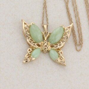 14k Yellow Gold Natural Jade Butterfly Necklace 18" Chain